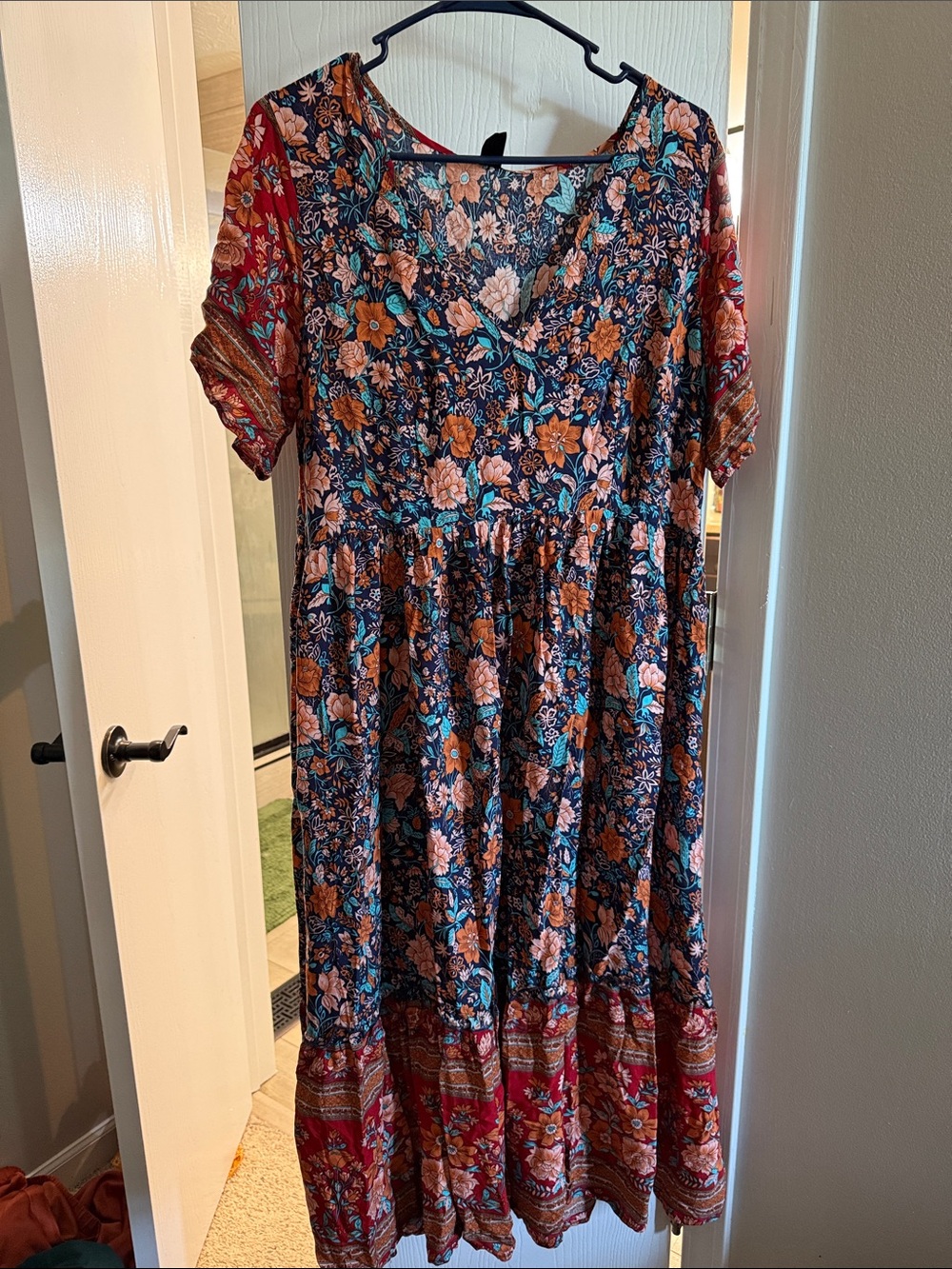 Floral V-Neck Midi Dress in Navy and Rust